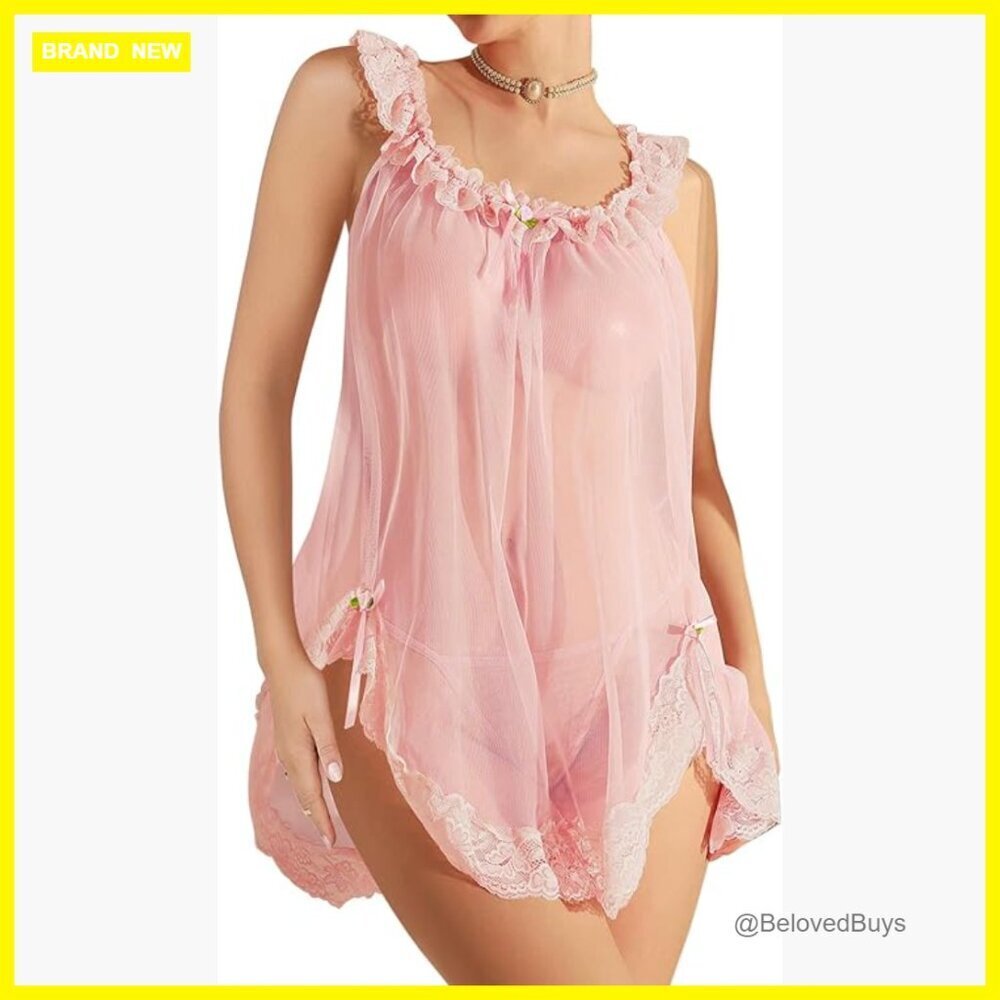 Sheer Lace Babydoll Nightgown Set with Thong, Size Medium, Loose Fit